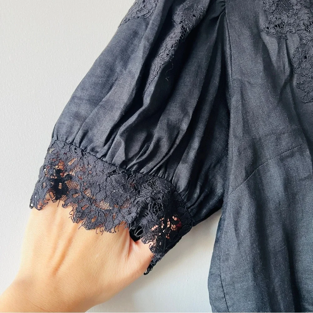 Doen Black Lace-Trim Puff-Sleeve Blouse